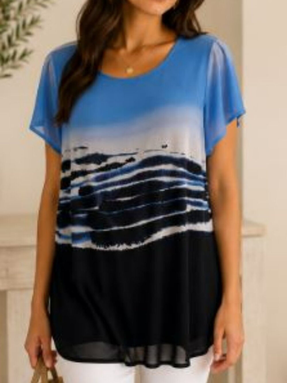 Blue Ombre Wave Print Short Sleeve Top - Women
